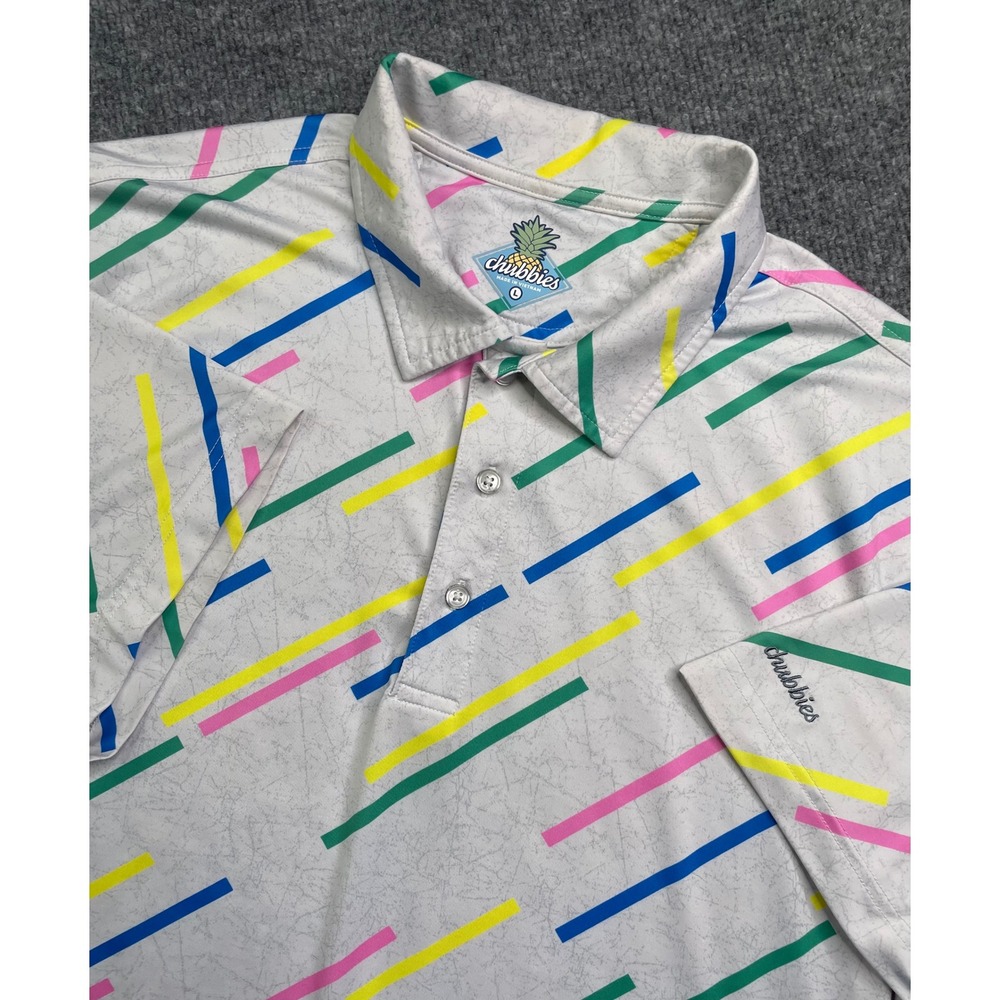 Chubbies Polo Shirt Mens Large White Multicolor Geometric Performance Golf L